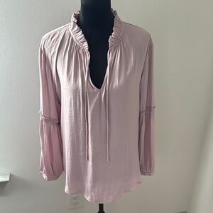 LOFT split ruffle collar ties‎ long sleeves mixed media pink blouse top Sz L